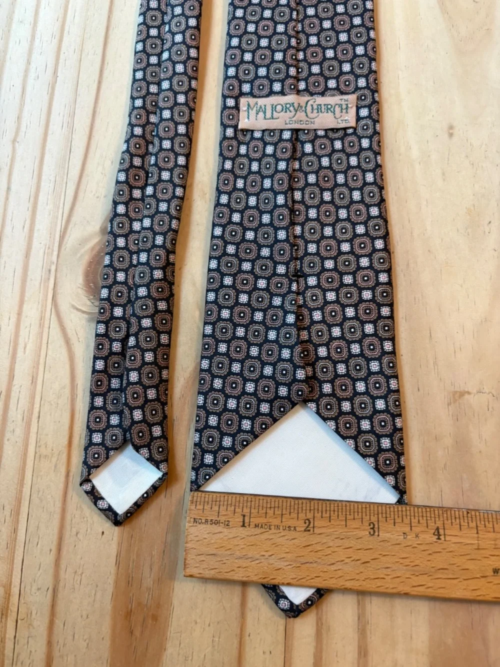 Vintage Mallory & Church London Silk Medallion Tie 3.5” Classic Navy Copper